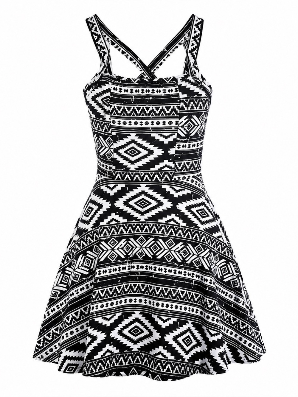 Rhapsodielle Black & White Geometric Strappy Fit-and-Flare Dress
